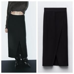 NWT Zara Women's Asymmetrical Crepe Midi Skirt Black Size L